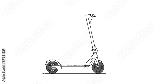 Electric scooter line drawing shown in profile with a sleek modern design featuring wheels, handlebars, and a folding mechanism detail.