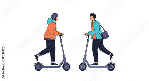 Two young people riding electric scooters in opposite directions with one wearing a helmet and the other a shoulder bag in a flat style.