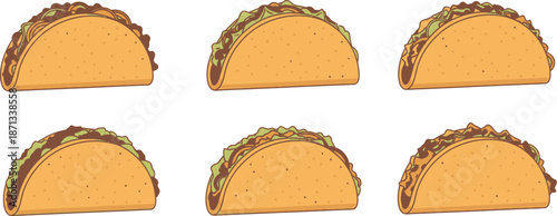 Flat vector set of 6 taco varieties al pastor fish taco carne asada chicken tinga and veggie taco