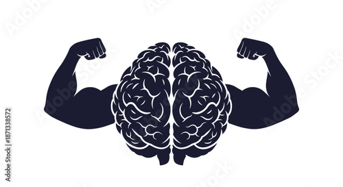 Conceptual illustration of a human brain featuring two strong muscular arms flexing to symbolize mental strength, intelligence, and brain power.