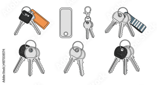 Multiple sets of metal keys featuring different keychains, tags, and rings arranged in a grid-like pattern on a plain white background.