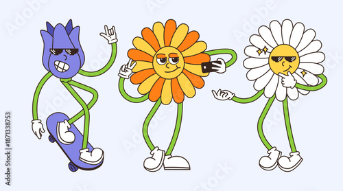 Cool Flowers Enjoying Fun Activities Retro Cartoon Style