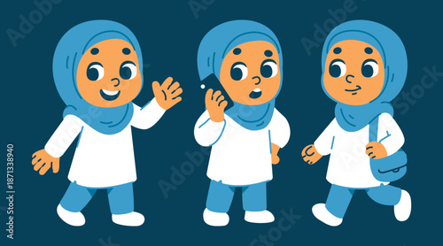 Little Muslim Girl In Hijab Daily Activities Vector