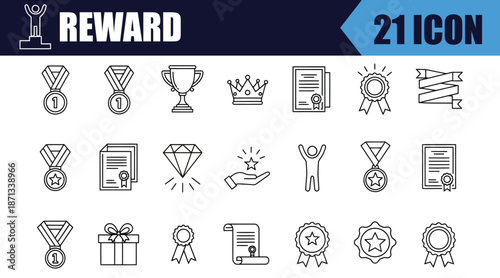 Reward set of web icons in line style. A collection of linear icons representing various reward concepts, including gift, trophy, recognition, reward program, medal, bonus, and more.