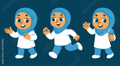 Little Girl In Hijab Vector Set Different Poses Movement