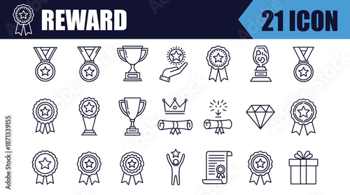 Reward set of web icons in line style. A collection of linear icons representing various reward concepts, including gift, trophy, recognition, reward program, medal, bonus, and more.
