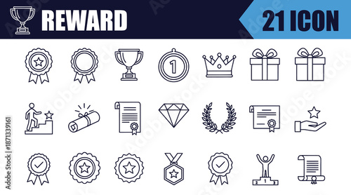 Reward set of web icons in line style. A collection of linear icons representing various reward concepts, including gift, trophy, recognition, reward program, medal, bonus, and more.
