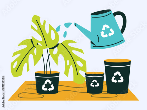 Sustainable Growth Watering Plant And Recycling Bins