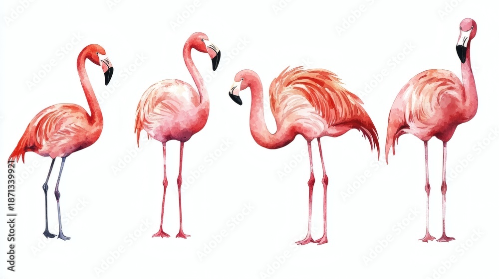 Fototapeta premium Elegant flamingo collection in vibrant watercolor style on white background