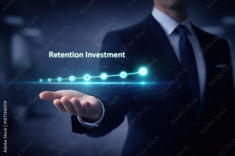 Fototapeta premium Corporate strategist man in suit presenting retention investment timeline in office environment minimal glowing progression viewpoint