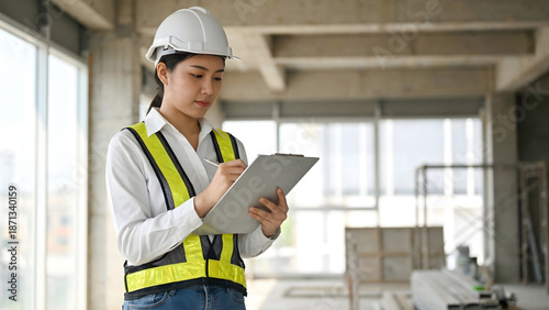 Asian Female Inspector Taking Notes on Clipboard for Property Structure Review