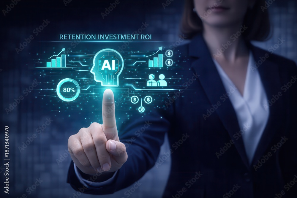 Obraz premium Hr strategist woman in tailored suit interacting with hologram on retention investment roi in ai-driven people strategy