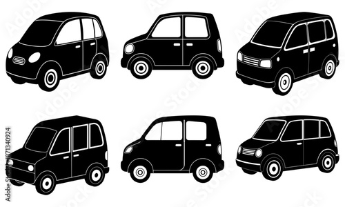 Six Black Mini Cooper Cars in Different Angles on White Background vehicle transportation