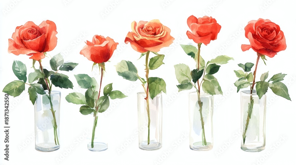 Obraz premium Watercolor illustration material set of red roses in a glass vase