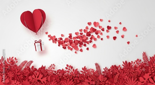 A red heart-shaped balloon carrying a gift flies over a bed of red flowers releasing hearts into the air
