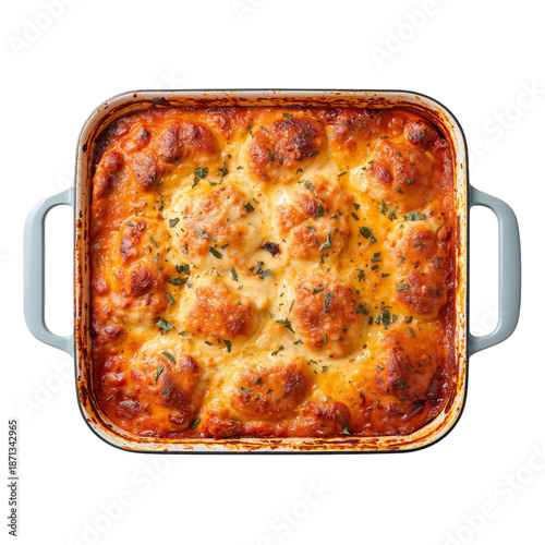 Homemade Lasagna With Cheese and Herbs Baked in a Square Dish on a Kitchen Co...