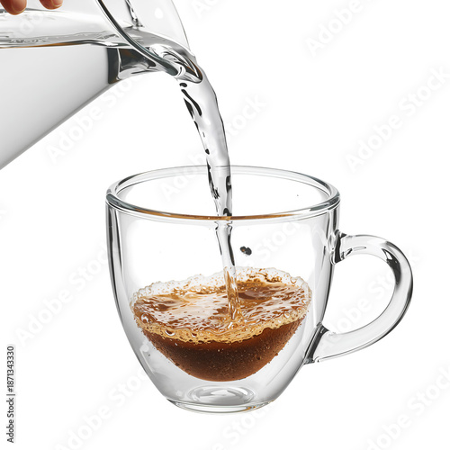 Water is Poured Into a Glass Cup With Brown Liquid Inside in a Well-Lit Kitch...