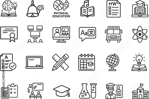   School web icon set in linear style with education, learning, science, students and online study icons.