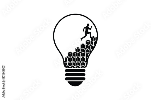 Man running up steps inside a lightbulb with a block staircase black
