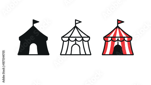Three different circus tents with flags on top in various styles