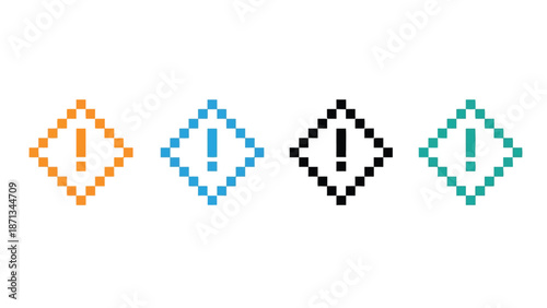 A set of colorful pixelated exclamation marks on a white background