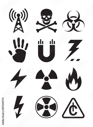 Black warning and hazard symbols white