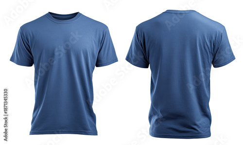 Front and back view of a plain, slate blue t-shirt