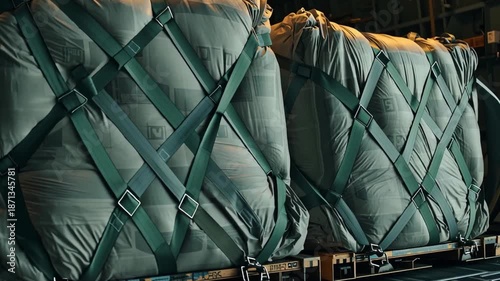 Large cargo pallets moving on a roller system out of a military transport airplane's open ramp, preparing for humanitarian aid delivery or troop supply during a logistics operation at an airfield