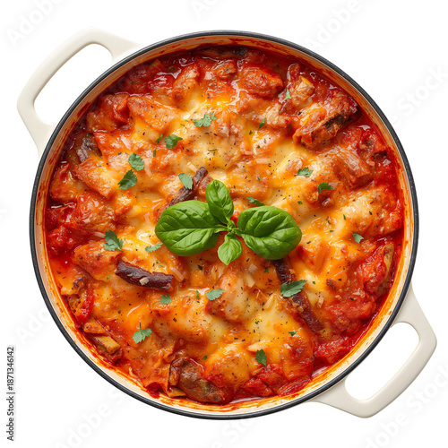 Pasta Dish With Sauce and Cheese Served in a White Baking Dish With Herbs on Top