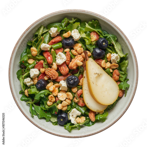 Fresh Green Salad With Apples, Blueberries, Nuts, and Cheese on a White Backg...