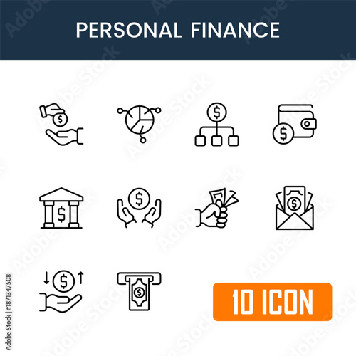 Personal finance icon pack, budgeting and money control symbols, modern flat vector financial icons for apps websites and UI UX