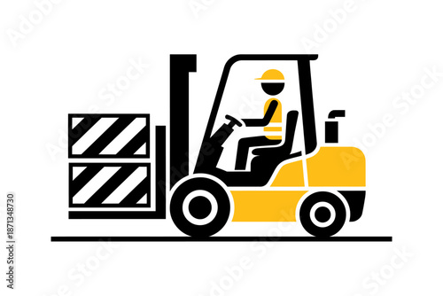 Worker operating yellow forklift lifting stack of boxes