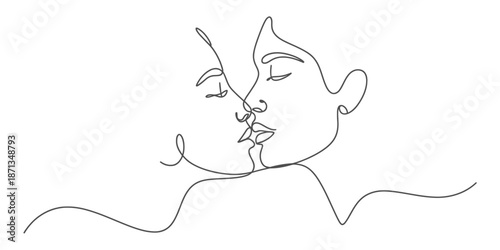 A minimalist continuous line art drawing depicting an intimate kiss between two faces