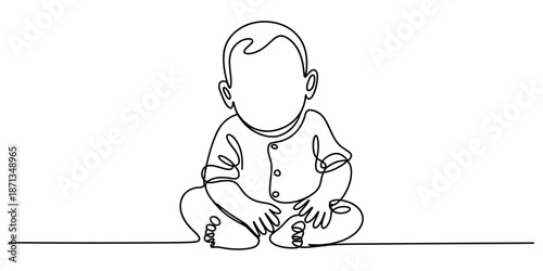 A minimalist continuous line drawing capturing the innocent charm of a baby sitting