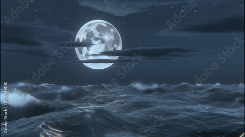 Moonlit Ocean Waves at Night Time.