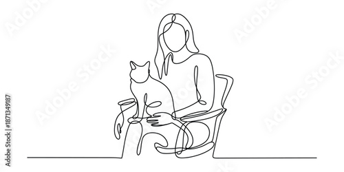 Continuous line drawing of a woman sitting with her cat on a chair, showcasing companionship and minimalist art