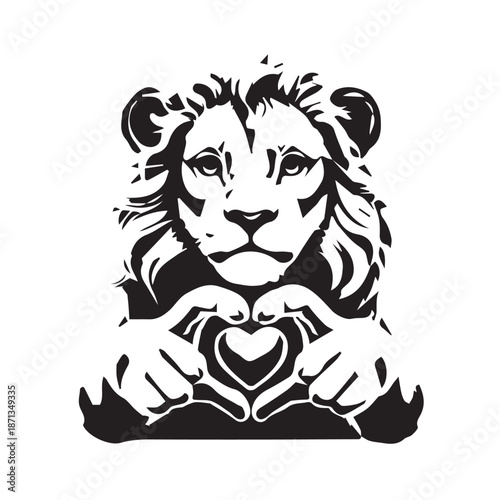 Sweet raccoon stencil art with love gesture. Playful forest animal graphic design. Black and white raccoon portrait with expressive eyes and smile.