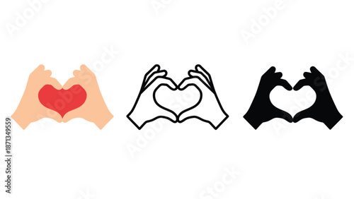 Hands forming a heart shape in various styles: colorful, outlined, and silhouette for love and connection.