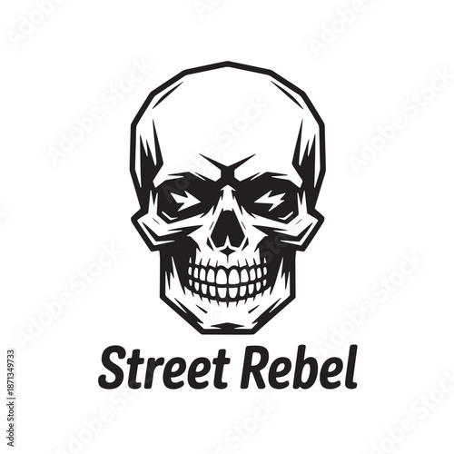 Edgy skull graphic with bold typography. Street rebel lettering with skeleton head. Gritty underground fashion element for t-shirt prints and logo art.