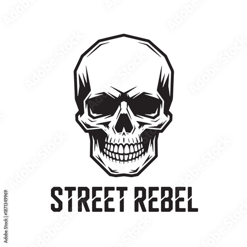Edgy skull graphic with bold typography. Street rebel lettering with skeleton head. Gritty underground fashion element for t-shirt prints and logo art.