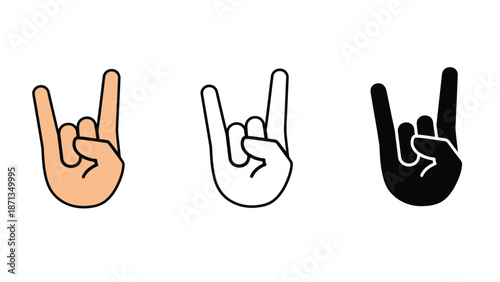 Three hands making the rock on sign in different colors and styles