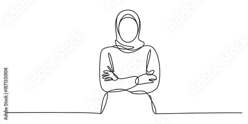 Continuous line drawing of a confident muslim woman wearing a hijab with arms crossed