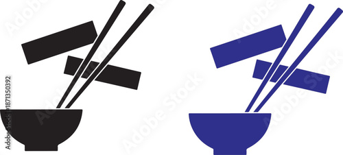 Simple black icon of a bowl with chopsticks and rectangular food items, representing asian cuisine