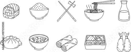 A collection of essential japanese food and culinary elements in a simple outline illustration