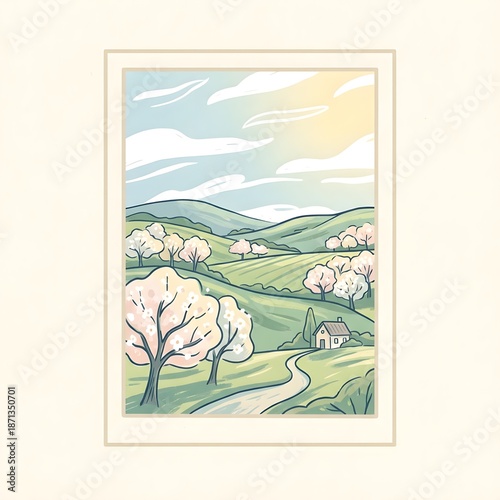 Spring Pastel Landscape Illustration	
