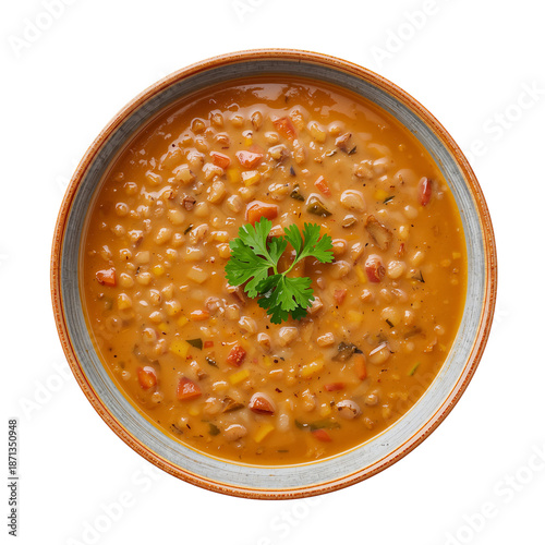 Bowl of Warm Soup With Vegetables and Herbs Served in a Round Dish in a Brigh...
