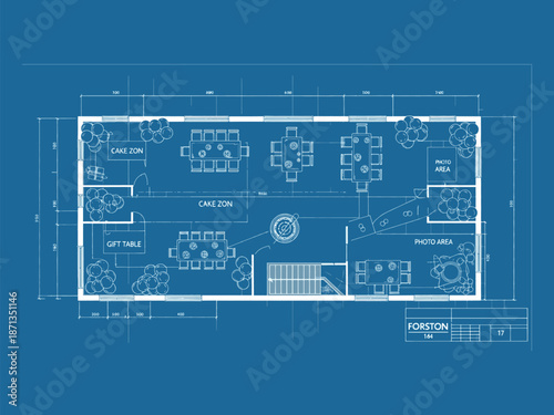 Event Floor Plan Blueprint Technical Drawing - Party Venue Layout with Cake Zone and Photo Area Vector Illustration