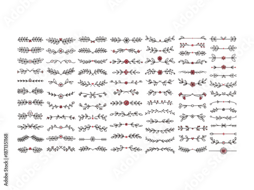 Hand Drawn Botanical Floral Dividers and Borders Vector Set - Huge Collection of Decorative Vine, Leaf, and Flower Doodle Ornaments