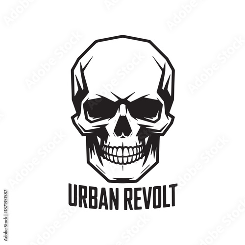 Edgy skull graphic with bold typography. Street rebel lettering with skeleton head. Gritty underground fashion element for t-shirt prints and logo art.