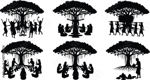 Silhouette people gathering under trees, black vector illustration, cultural activities, ritual scenes, storytelling, music, ceremony, nature connection art
